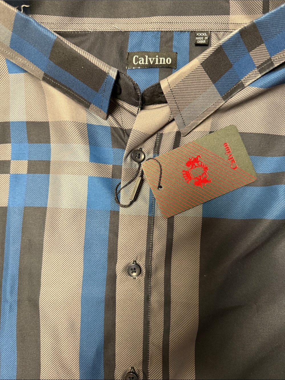 Calvin Klein Blue and Gray Plaid Men's Casual Button-Down Shirt